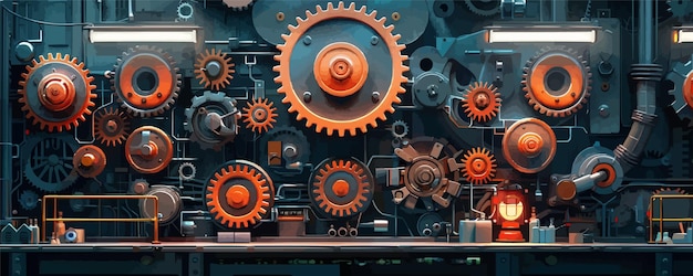 Steampunk gears and cogs in a mechanical contraption Vector flat minimalistic isolated illustration