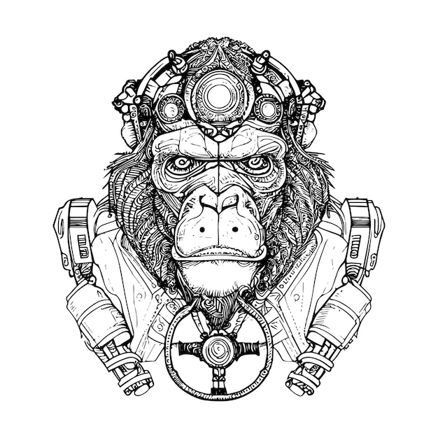 steampunk gorilla fierce and strong adorned with brass gears and pipes