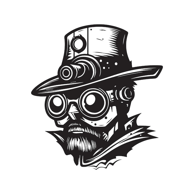 Steampunk hat logo concept black and white color hand drawn illustration