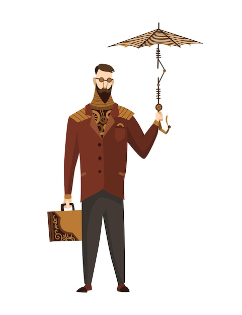 Steampunk technology, fantasy vintage illustration with cartoon man in steampunk costume. Steam punk invention. People character with mechanical element