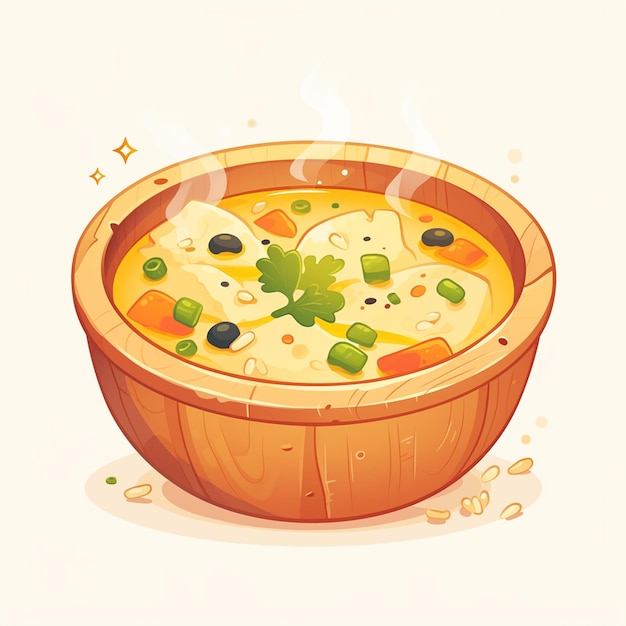 Steamy Bowl of Chicken and Rice Soup Cartoon Vibe