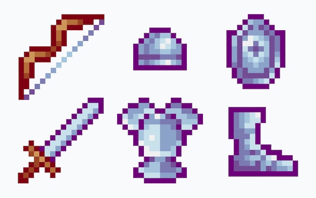 Steel armor and weapons pixel art set Medieval combat ammunition collection 8bit sprite