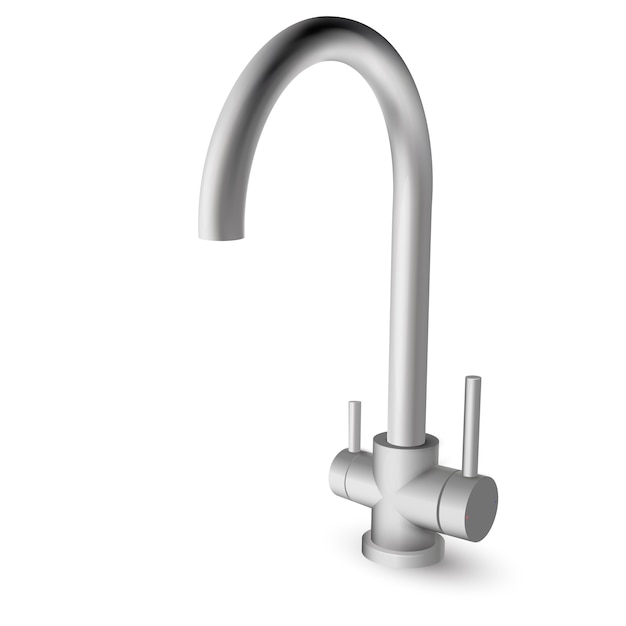 Steel kitchen sink pull down faucet with two handles for hot, cold and filtered drinking water - illustration