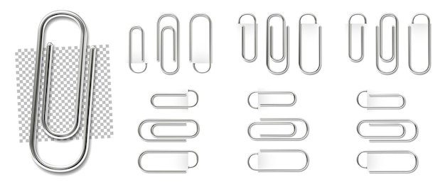 Steel paper clips. Isolated attach fastener, metal clip with shadow