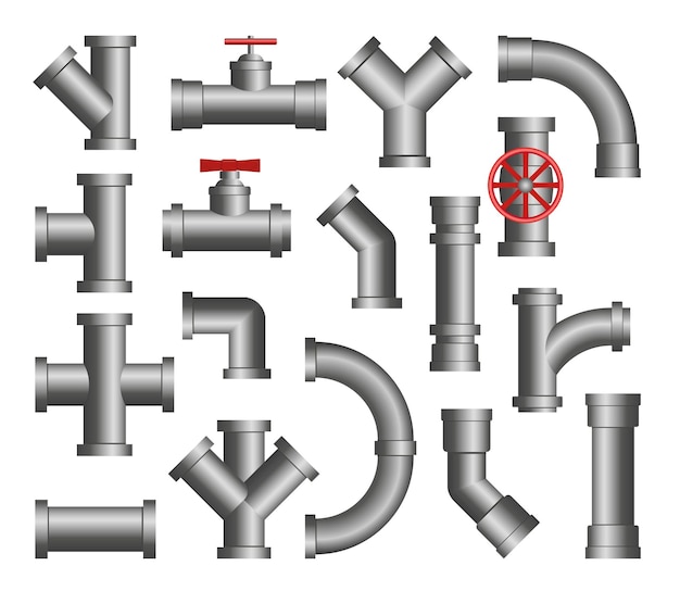 Steel pipes cartoon illustration set. Isolated icons of metal pipeline connection, valves, flanges, drains for water or oil system