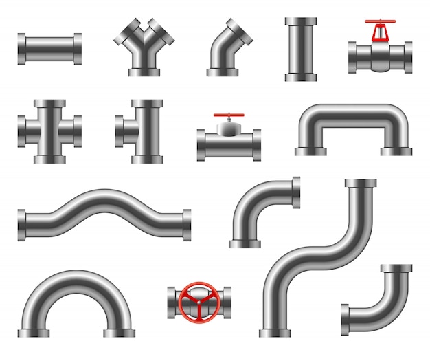 Vector steel pipes. metal pipeline connectors, fittings, valves, industrial plumbing for water and gas vector set isolated