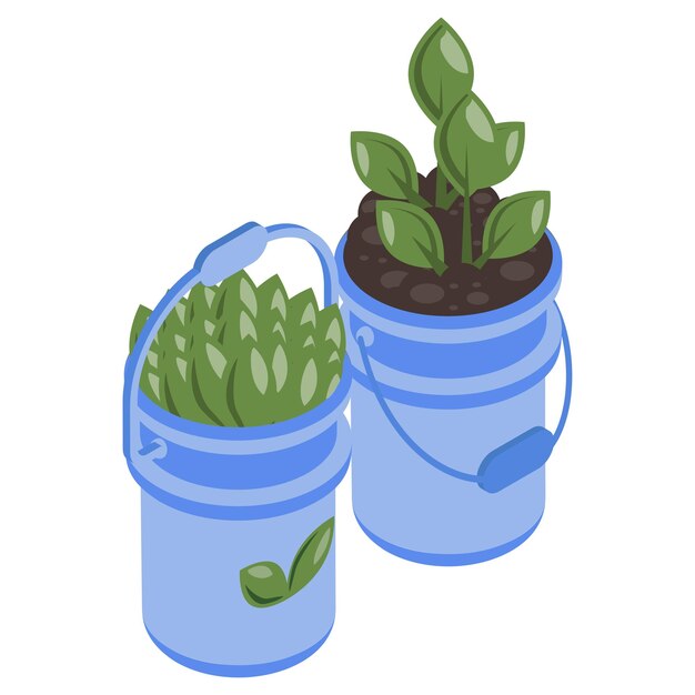 Vector steel pots and planters isometric concept indoor metal plant containers vector icon design lawn