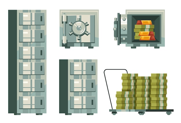 Steel safe box with gold bar and money security deposit bank safety concept