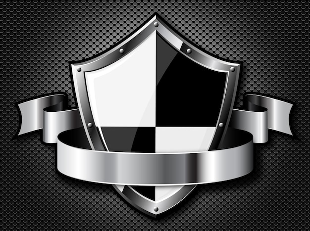 Steel shield with ribbon over black dotted background. Vector EPS10. Transparency is used to create shadows.