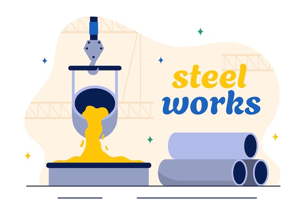 Vector steelworks illustration with resource mining smelting of metal in big foundry and hot steel pouring