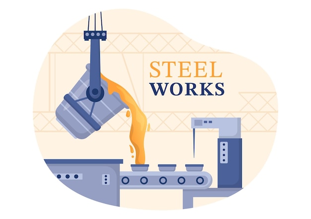 Vector steelworks illustration with resource mining smelting of metal in big foundry and hot steel pouring