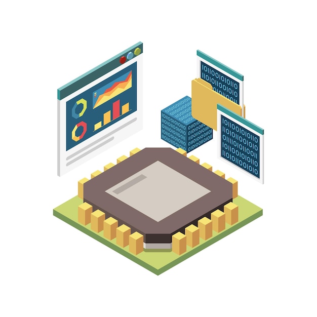 Stem education isometric concept s composition with image of microchip with binary code screens  illustration