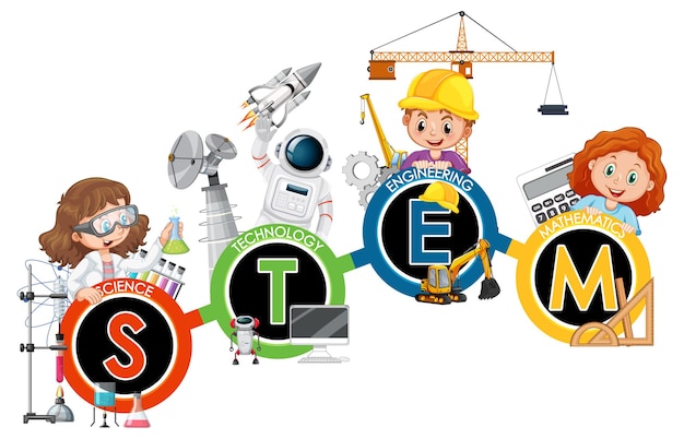 STEM education logo with children cartoon character