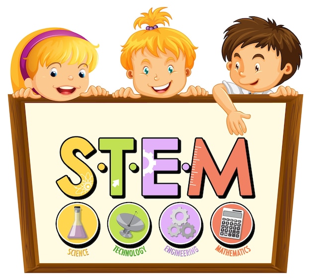 STEM education logo with little kids cartoon character