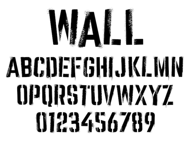 Stencil graffiti font Aerosol spray text with grunge grain texture paint splatter letters and numbers vector set