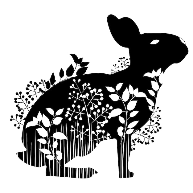 Vector stencil rabbit rises in profile in grass and flowers