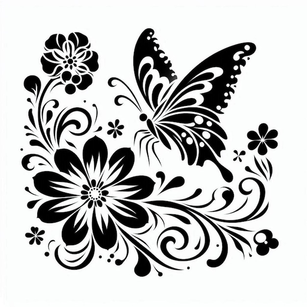 A stencil Silhouette A Butterfly and Flower Silhouette Contour Drawing white black white background