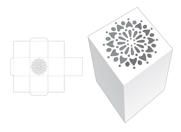 Stenciled square box die cut template and 3D mockup