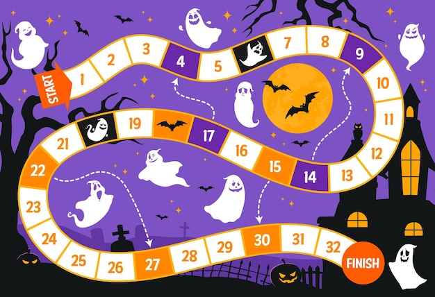 Step board game Halloween ghosts on cemetery