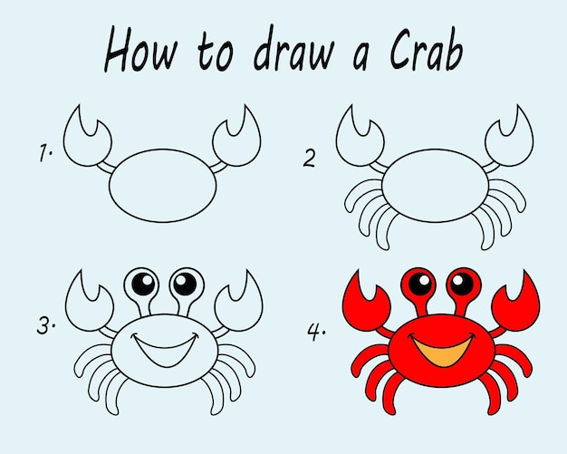 Vector step by step to draw a crab drawing tutorial a crab drawing lesson for children