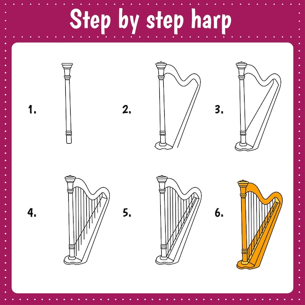 Step by step drawing illustration Harp