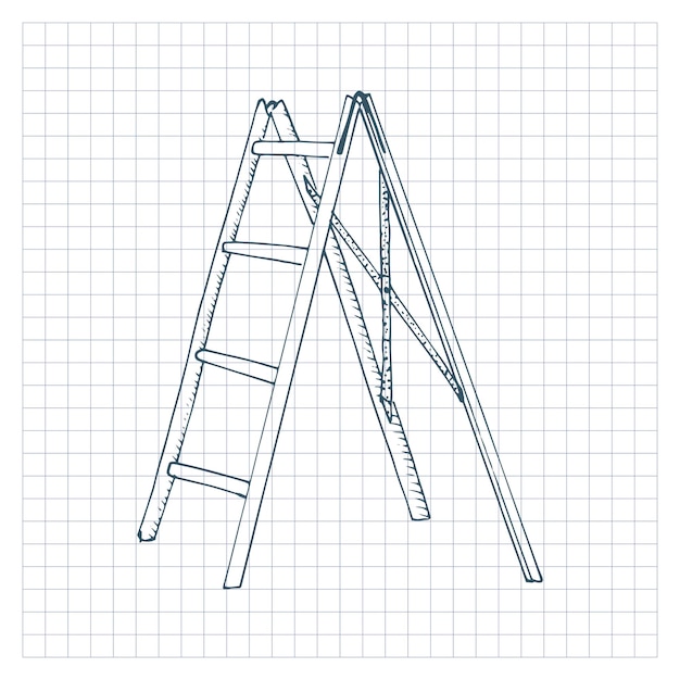 Vector stepladder sketch. hand drawn stair, rung ladder. vector illustration, isolated on checkered background.