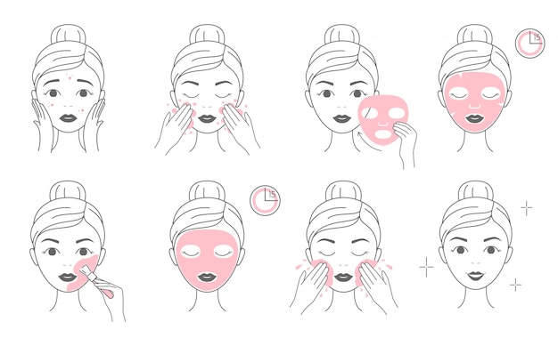 Steps how to apply facial cosmetic mask and clay mask.