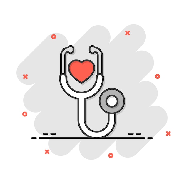 Stethoscope icon in comic style Heart diagnostic cartoon vector illustration on isolated background Medicine splash effect sign business concept