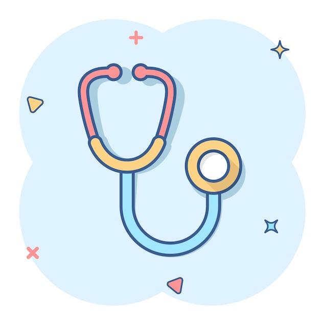 Stethoscope sign icon in comic style Doctor medical vector cartoon illustration on white isolated background Hospital business concept splash effect