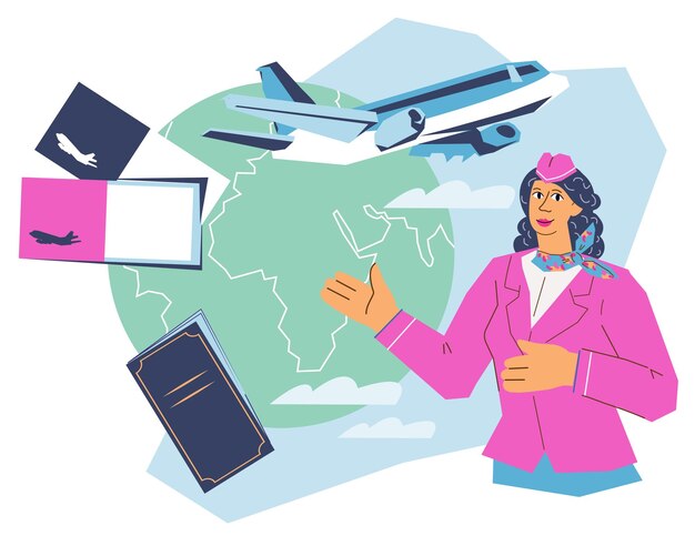 Vector stewardess or flying attendant greeting passengers flat vector illustration isolated stewardess at backdrop of airplane globe and flight tickets