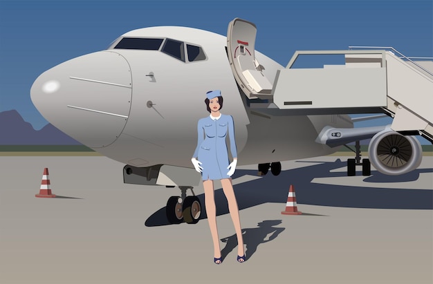 The stewardess meets passengers near the plane ladder Vector