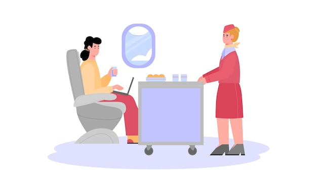 Stewardess offering plane passengers food flat cartoon vector illustration