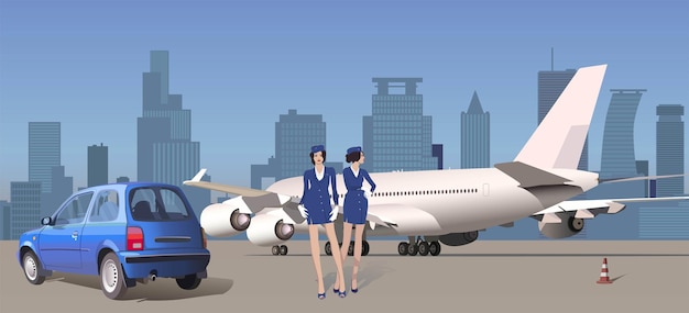 Stewardesses at the airport near the aircraft and cars Vector