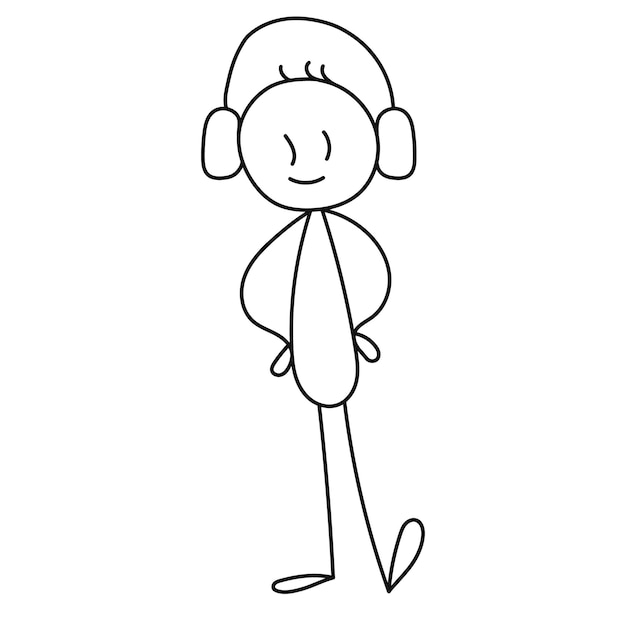 Stick figure man in headphones isolated, vector