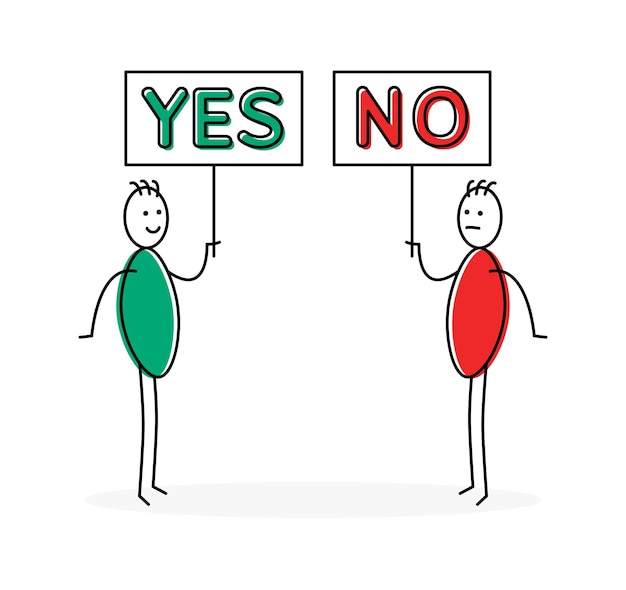 Stick figure man holding Yes and No sign. Vector illustration.