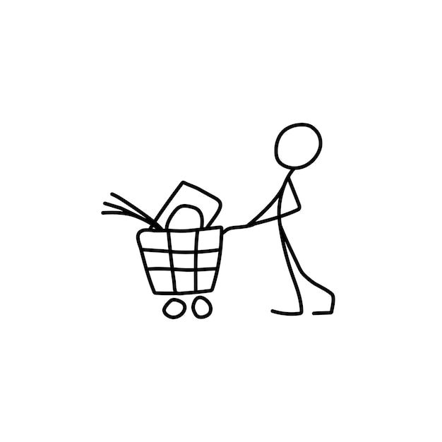 Stick figure man pushing shopping cart icon vector