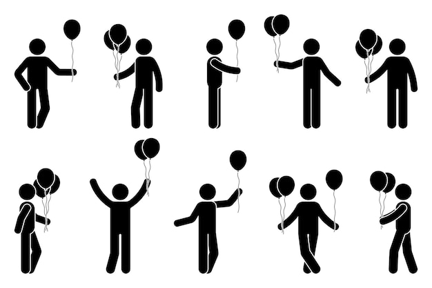 Stick figure man with balloon birthday celebration people pictogram