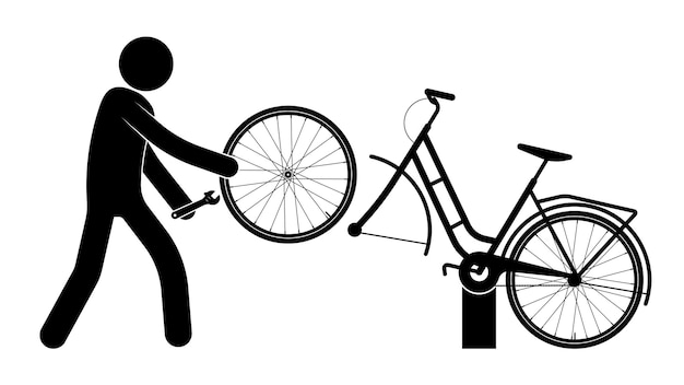 Stick figure mechanic repairs broken bike Transport repair master Cycling around the city vehicle maintenance Caring for the ecology and the environment Black and white vector