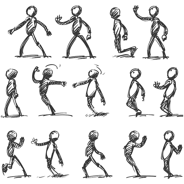 Vector stick figure with lots of poses with engraving style black color only