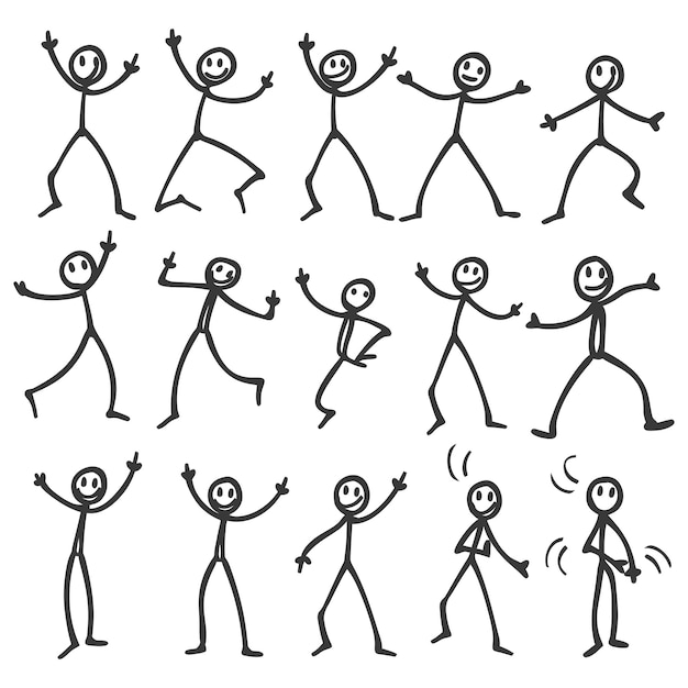 Vector stick figure with lots of poses with engraving style black color only