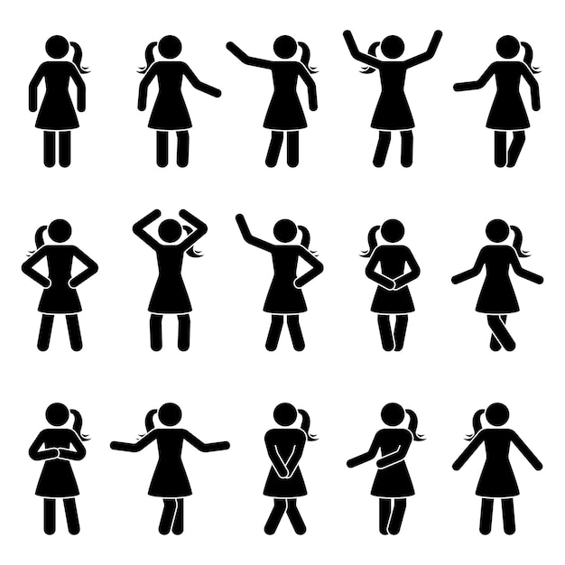 Stick figure woman standing front view different poses vector icon pictogram set