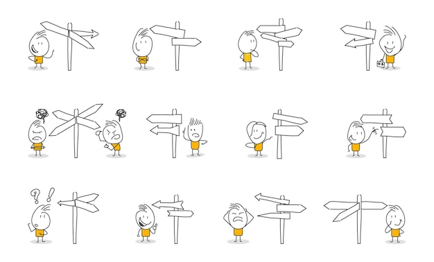 Stick figures Arrow Steering Post Hand drawn doodle line art cartoon design character