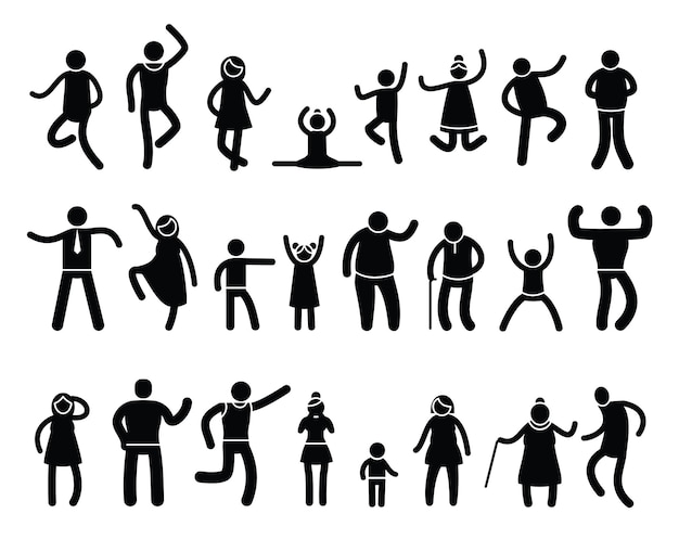 Stick people poses Black silhouettes of stickman characters in different action and posture yoga and simple postures Vector isolated set of silhouette black figure illustration