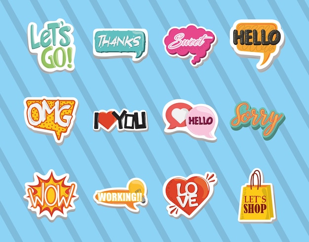 Sticker badges, inspirational quotes, fun cartoon icons vector illustration