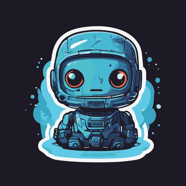 Vector sticker of a blue robot is sitting on a blue background