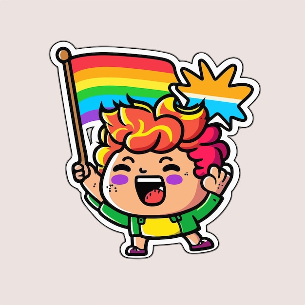 Sticker of a boy holding a rainbow flag.