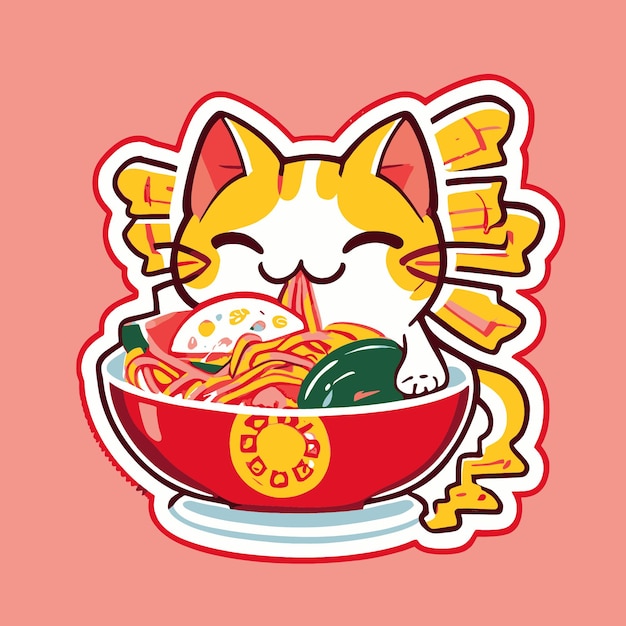 A sticker of a cat eating noodles.