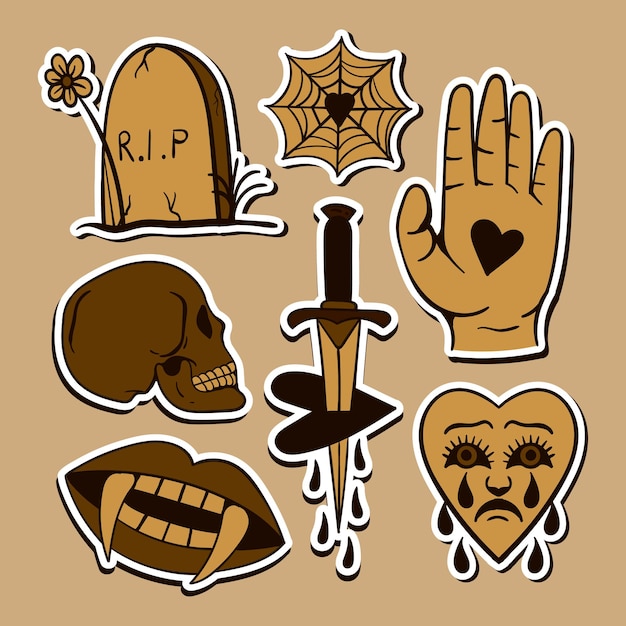 Sticker collection hand drawn style vintage free vector