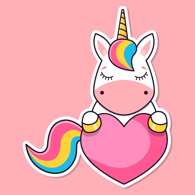 Sticker of a cute unicorn on a pink background The unicorn is holding a heart Vector illustration