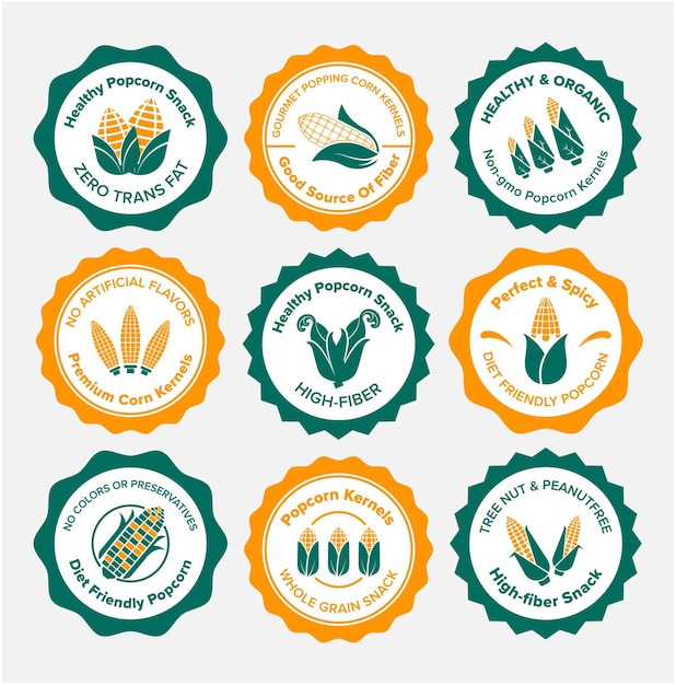 Sticker design set for natural popcorn food